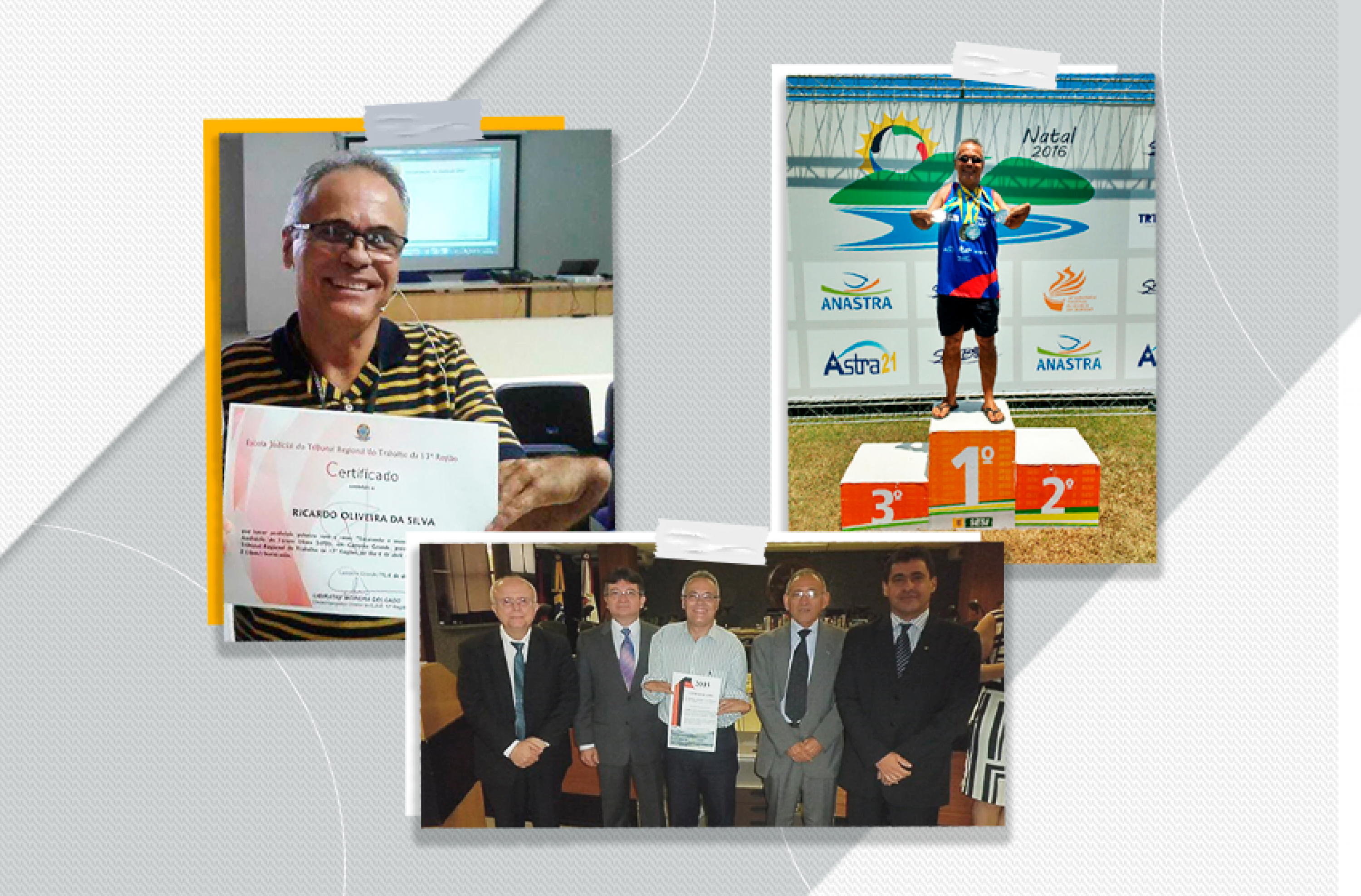 Nas fotos, Ricardo aparece recebendo o prêmio Juiz Aluisio Rodrigues, como funcionário padrão do TRT da Paraíba, e no pódio de uma das edições das Olimpíadas da Justiça do Trabalho. - ANAJUSTRA Federal