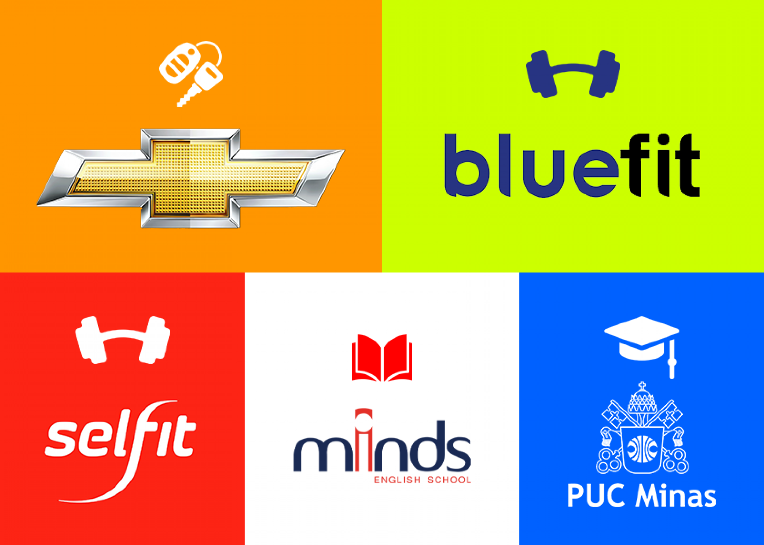 Chevrolet, Bluefit, Selfit, Minds School e Puc Minas são destaques. Mas tem mais: Bilheteria.com, Hoteis.com, Veneza Water Park, Beto Carrero, Cidade da Criança, Aquário de São Paulo e ainda várias escolas de ensino infantil, fundamental e médio, escolas técnicas e faculdades. 