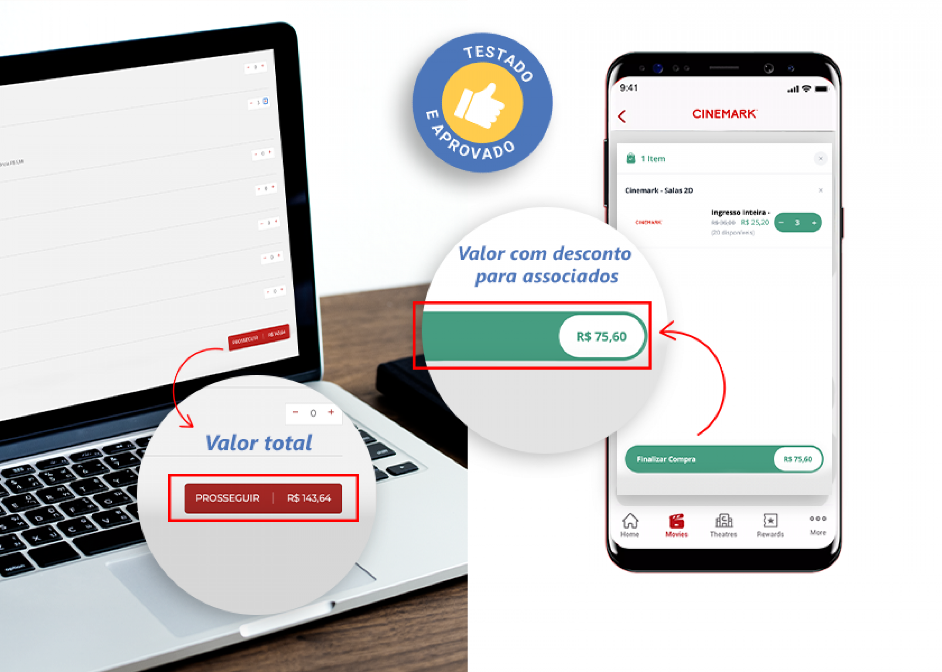 A imagem mostra a simulação de compra de ingressos com e sem o desconto do convênio com o Cinemark. - ANAJUSTRA Federal A imagem mostra a simulação de compra de ingressos com e sem o desconto do convênio com o Cinemark.